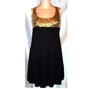 GOLD-SEQUINED BLACK JERSEY EMPIRE WAIST EVENING/COCKTAILDRESS, Size S